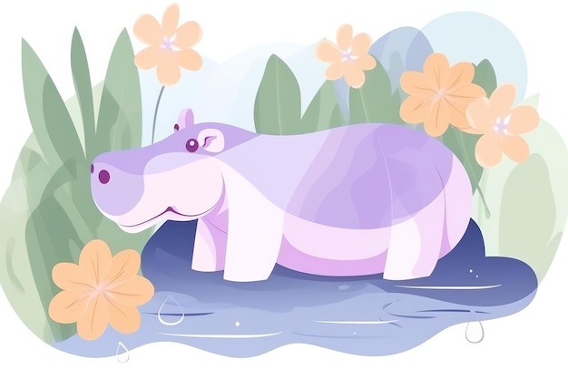 Hippopotamus paper craft flat design top view river theme cartoon drawing colored pastel