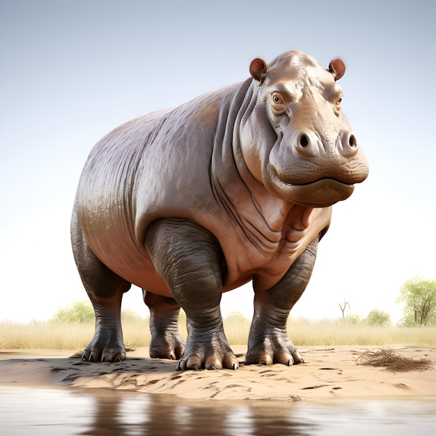 Hippopotamus standing in the mud on a sunny day