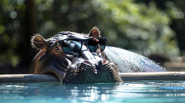 Photo a hippopotamus in sunglasses lounging in a pool