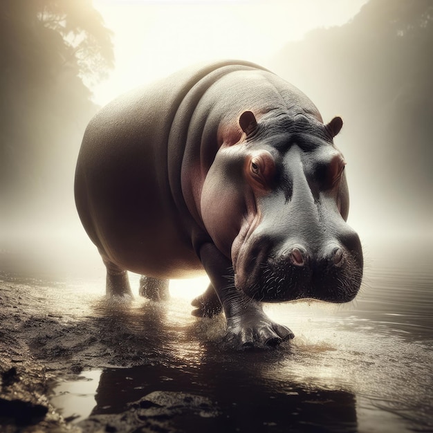 hippopotamus in water and fog