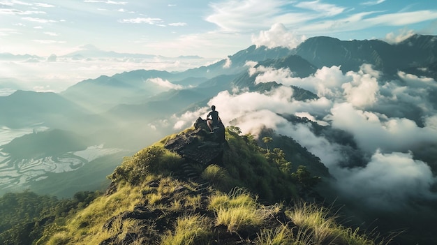 Hipster asian young girl with backpack enjoying sunset on peak mountain Travel Lifestyle adventure