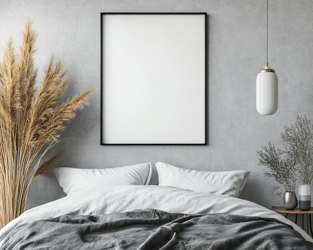 Photo hipster bedroom interior with poster frame and scandinavian style decor