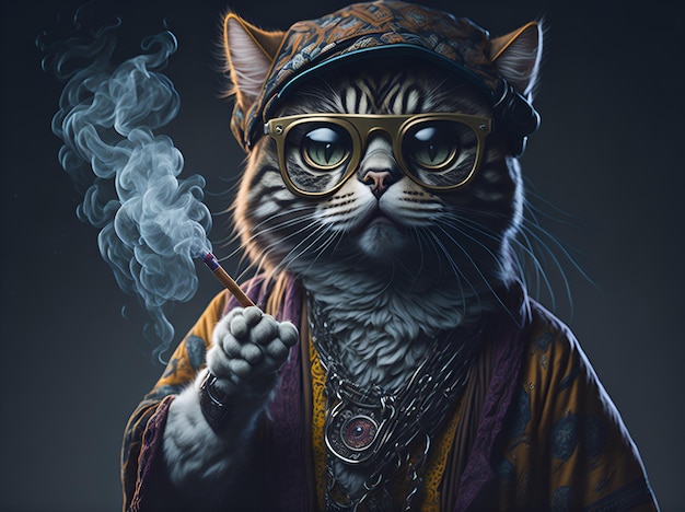 hipster cat in glasses and a hat smokes generated by AI