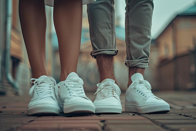 Photo hipster couple standing together in white sneakers on wedding day