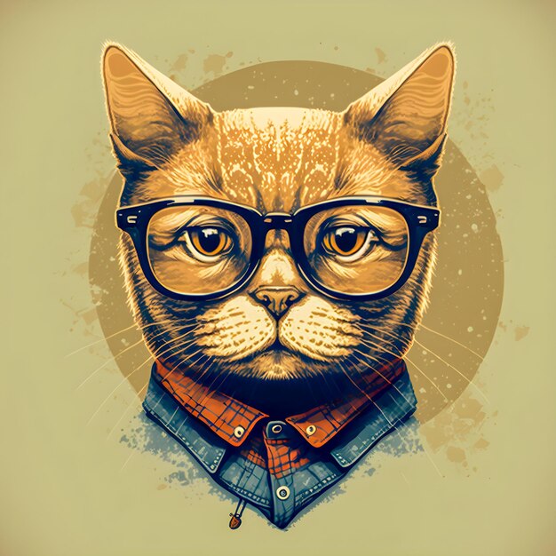 Hipster Cute Funny Art Cat Illustration