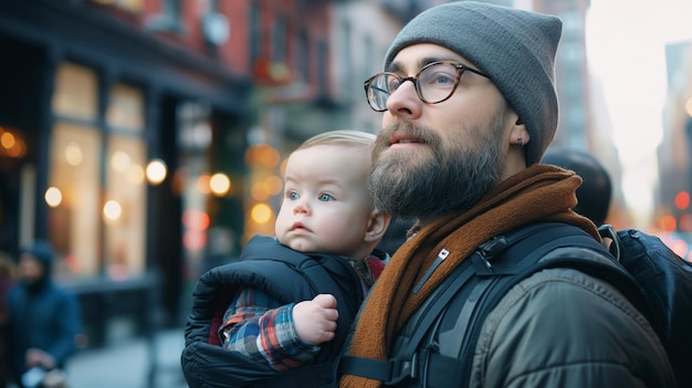 Hipster Dad with Baby in Stylish Baby Carrier on City Stroll Modern Parenting