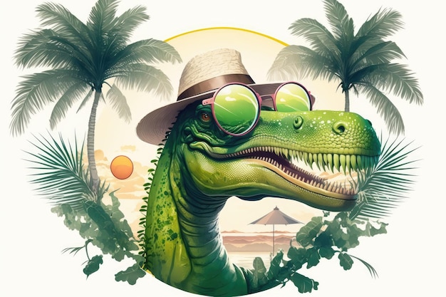 Hipster dinosaur with sun hat and inflatable rings on a palm tree background