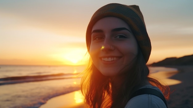 Hipster female adolescent having a good time on the beach at sunrise Generative AI