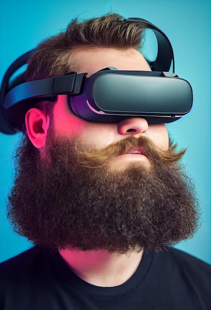 Hipster man wearing VR headset concept portrait big beard big moustache modern people activities