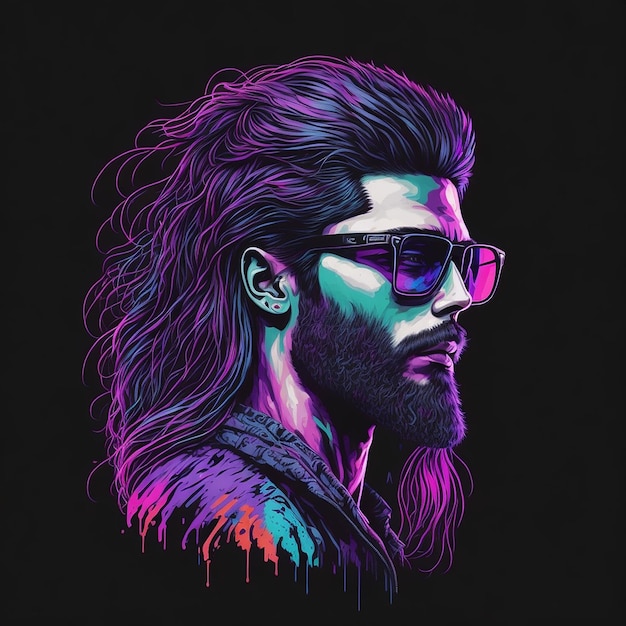 Hipster man with sunglass and long hair neon lighting effect illustration