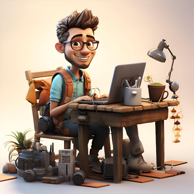 Hipster man working at his desk 3D illustration