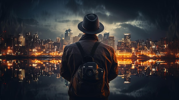 Hipster photographer in a baseball cap reflects on the beautiful evening cityscape of Kiev soft focused lights illuminate the apartment blocks silhouette concept