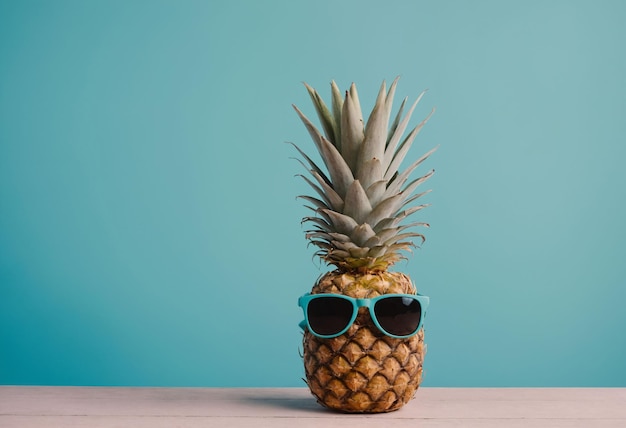 Hipster pineapple with trendy sunglass against turquoise background