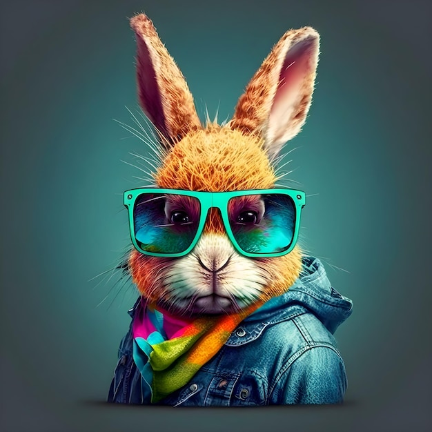 Hipster Rabbit portrait Cute Funny Art Illustration