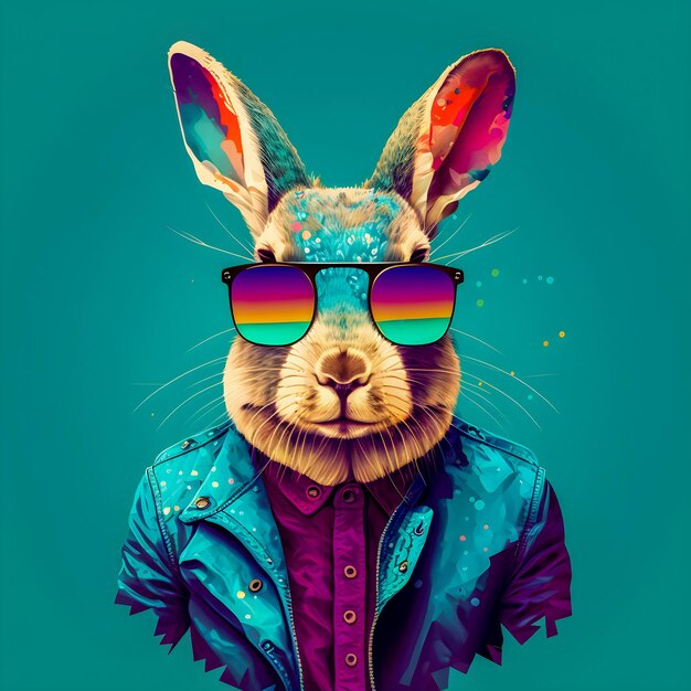 Hipster Rabbit portrait Cute Funny Art Illustration