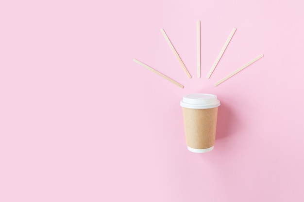 Hipster set with eco disposable glass coffee in hand. on pink background. Take away.