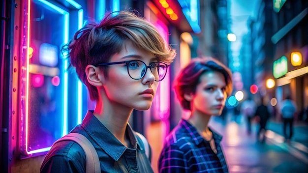 Photo hipster teen tomboy girl pretty face short hairstyle wear stylish glasses on neon sign background blue pink street light fashion trendy teenager young man profile view in glowing