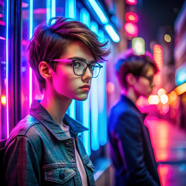 Photo hipster teen tomboy girl pretty face short hairstyle wear stylish glasses on neon sign background blue pink street light fashion trendy teenager young man profile view in glowing