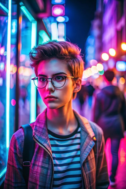 Photo hipster teen tomboy girl pretty face short hairstyle wear stylish glasses on neon sign background blue pink street light fashion trendy teenager young man profile view in glowing