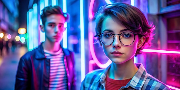 Photo hipster teen tomboy girl pretty face short hairstyle wear stylish glasses on neon sign background blue pink street light fashion trendy teenager young man profile view in glowing