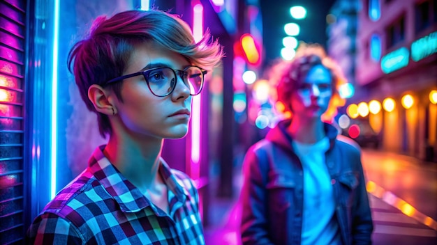 Photo hipster teen tomboy girl pretty face short hairstyle wear stylish glasses on neon sign background blue pink street light fashion trendy teenager young man profile view in glowing