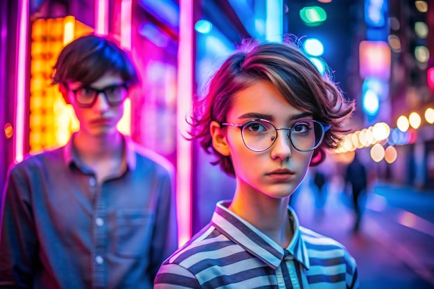 Photo hipster teen tomboy girl pretty face short hairstyle wear stylish glasses on neon sign background blue pink street light fashion trendy teenager young man profile view in glowing