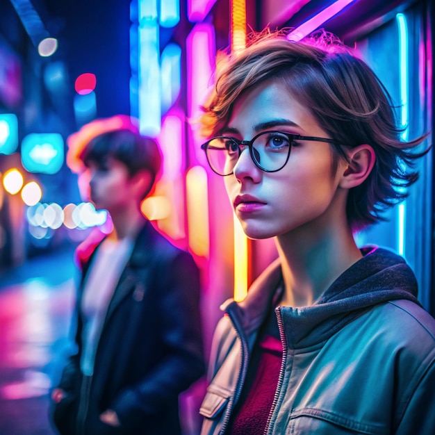 Photo hipster teen tomboy girl pretty face short hairstyle wear stylish glasses on neon sign background blue pink street light fashion trendy teenager young man profile view in glowing