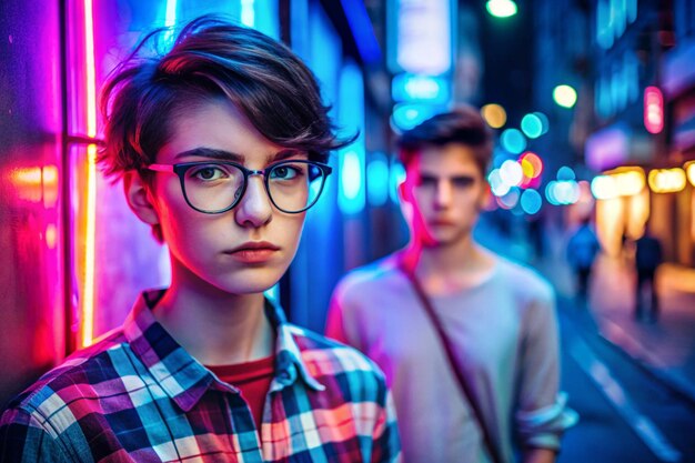 Hipster teen tomboy girl pretty face short hairstyle wear stylish glasses on neon sign background blue pink street light fashion trendy teenager young man profile view in glowing