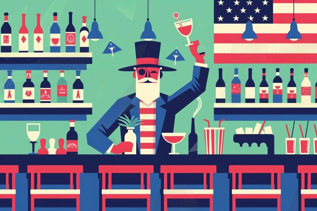 Hipster Uncle Sam mixes cocktails Freedom Liberty in trendy bar Bartender in striped suit star