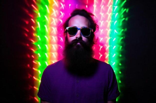 Hipster with long beard and sunglasses on colorful disco lights background