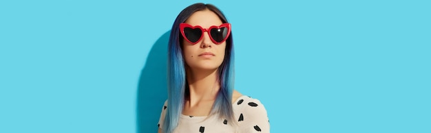 Hipster woman with blue hair wearing sunglasses serious caucasian girl looking up