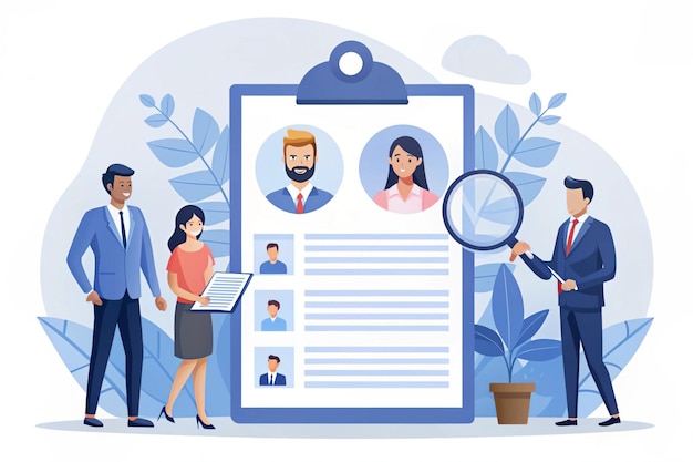 Photo hiring illustration set hr manager searching potential job candidates characters writing cv and applying for work position