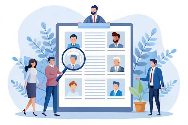 Photo hiring illustration set hr manager searching potential job candidates characters writing cv and applying for work position