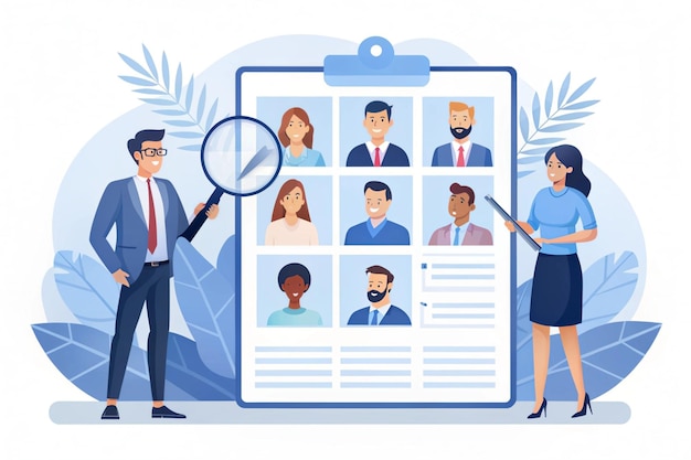 Photo hiring illustration set hr manager searching potential job candidates characters writing cv and applying for work position