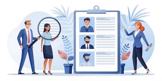 Photo hiring illustration set hr manager searching potential job candidates characters writing cv and applying for work position