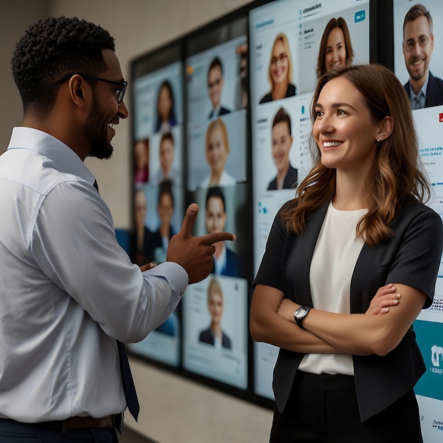 Hiring Team Discussing Candidate Profiles Displayed on a Large Interactive Screen in a Collaborative