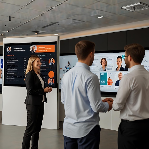 Photo hiring team discussing candidate profiles displayed on a large interactive screen in a collaborative