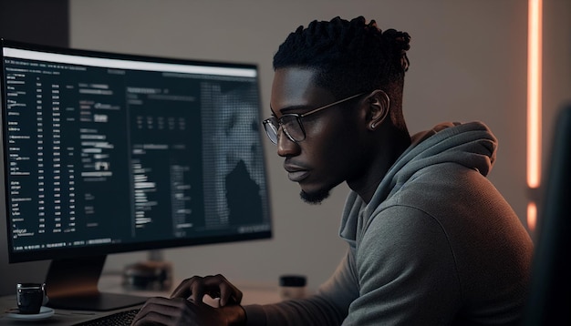 In his office a guy programmer sits in front of a computer screen to write software code The IT concept AI Generative