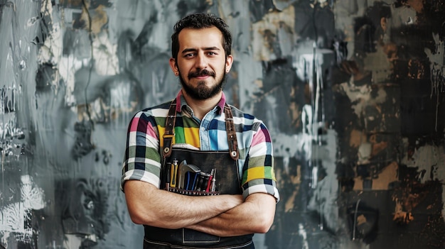 Photo in his workshop a confident craftsman wears a checkered shirt and leather apron with tools the textured walls reveal years of dedication