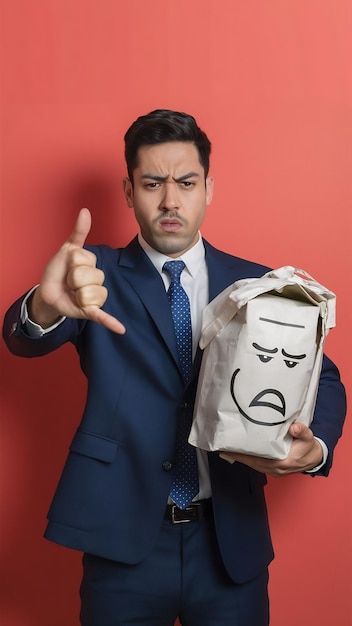 Photo hispanic business man holding delivery bag with angry face negative sign showing dislike with thumb