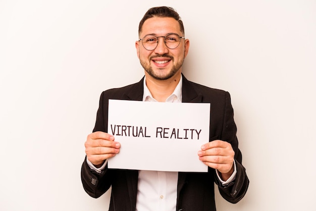 Hispanic business man holding a virtual reality placard isolated on white background