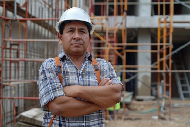 Hispanic construction worker using mobile phone at site