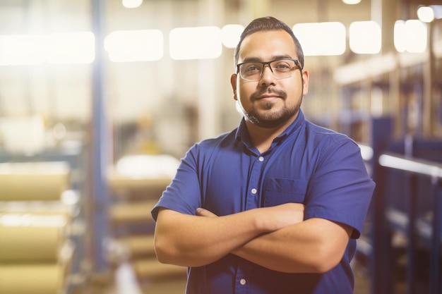 Hispanic factory worker with safety gear and space for text Generative AI