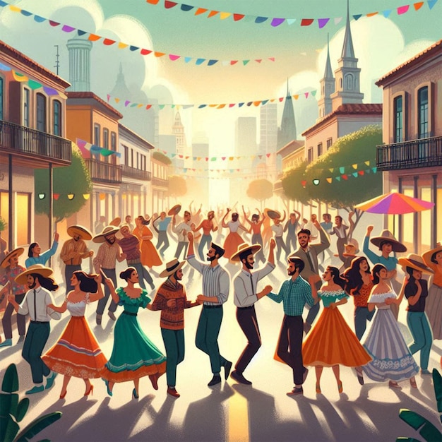 Hispanic Heritage Month Celebration Illustration Latinos and Hispanic Dancing On Street Celebration