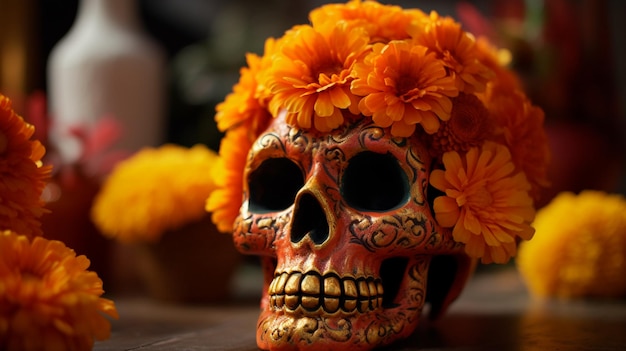 Hispanic heritage sugar skull marigold Festive dia de los muertos background Generative AI