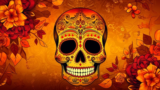 Hispanic heritage sugar skull marigold Festive dia de los muertos background Generative AI