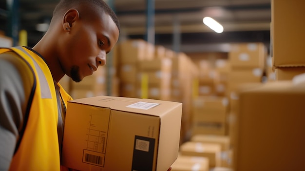 Hispanic man at distribution logistic centre with cardboard boxes working to deliver parcels in time