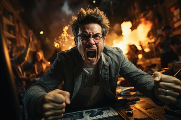 Hispanic man working at the office at night with anger with angry and angry fist a generative IA