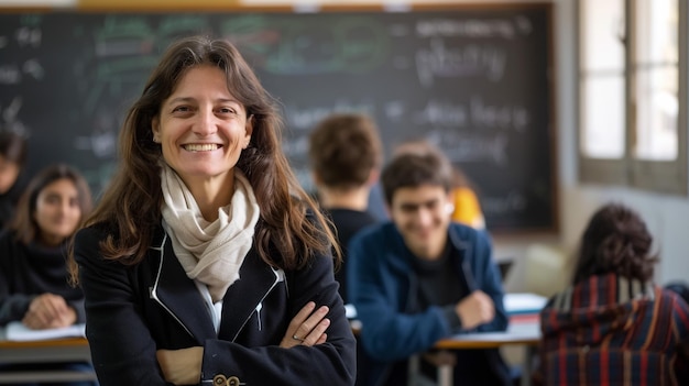 Hispanic woman at an adult education class looking to camera