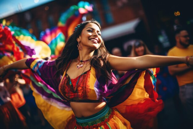 hispanic woman vibrant dance colorful street festival